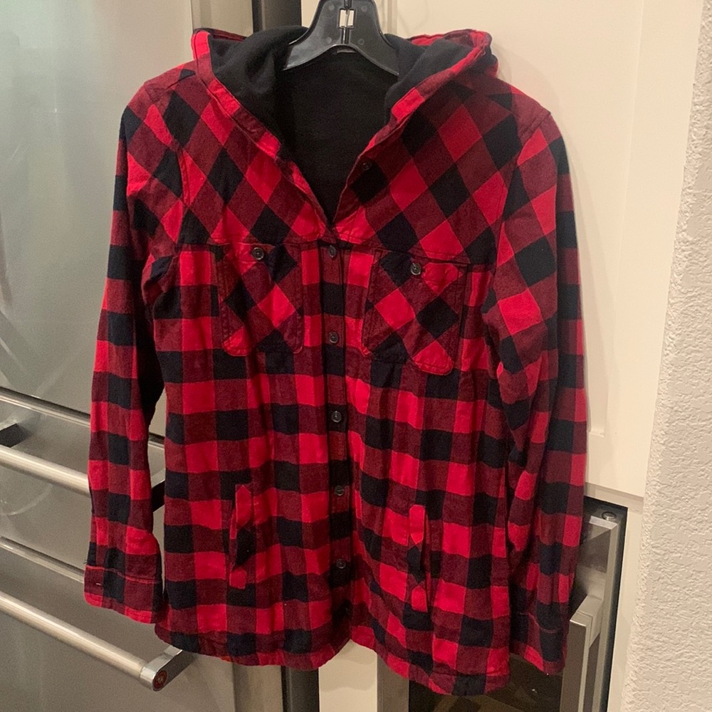 Eddie Bauer Hooded Shirt-Jacket with Pockets, red/black plaid, size XS.